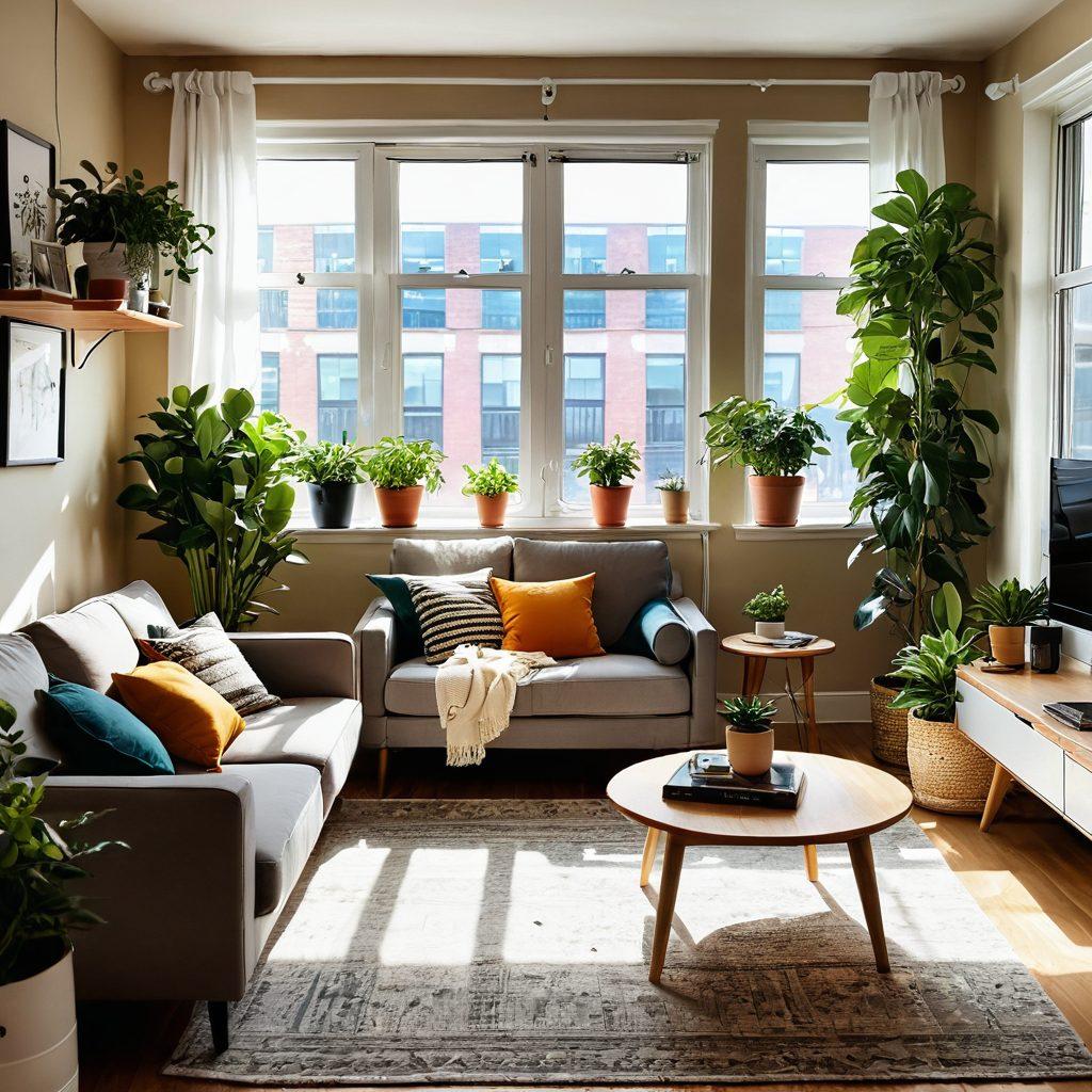 A cozy, stylish apartment interior showcasing practical rental living tips. Include a well-organized small space with multifunctional furniture, indoor plants for freshness, and personal decor items. Light streaming in through a window, creating a warm and inviting atmosphere. Bright colors and cheerful vibes, reflecting a comfortable lifestyle. super-realistic. vibrant colors. warm lighting.