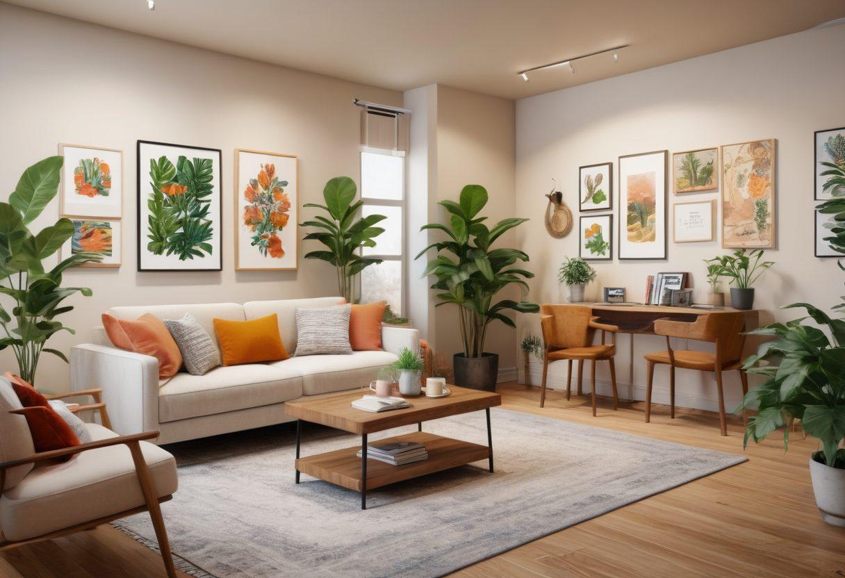 A cozy apartment interior featuring a modern living space filled with lush plants, vibrant artwork, and a community bulletin board showcasing local events and trends. Include a group of diverse residents engaging in conversation, enjoying a cup of coffee, and sharing ideas, creating a warm and inviting atmosphere. soft lighting, warm tones, super-realistic.