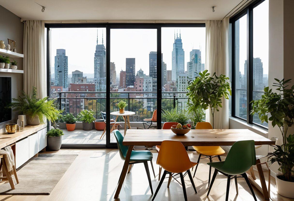 A cozy, modern apartment interior with large windows showcasing a vibrant cityscape. Include a family having a meal together at a stylish dining table, surrounded by plants and contemporary decor. Showcase a balcony with a view of community trends, like communal gardens or fitness areas. The scene should exude warmth and creativity, inviting readers to embrace apartment living. super-realistic. vibrant colors.